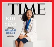 En esta fotografía sin fecha distribuida por Time Magazine muestra la portada de su número del 14 de diciembre de 2020, con la joven científica y estudiante de secundaria Gitanjali Rao, de 5 años y natural de Colorado, nombrada primera "Joven del año" por la revista. (Sharif Hamza para TIME vía AP)
