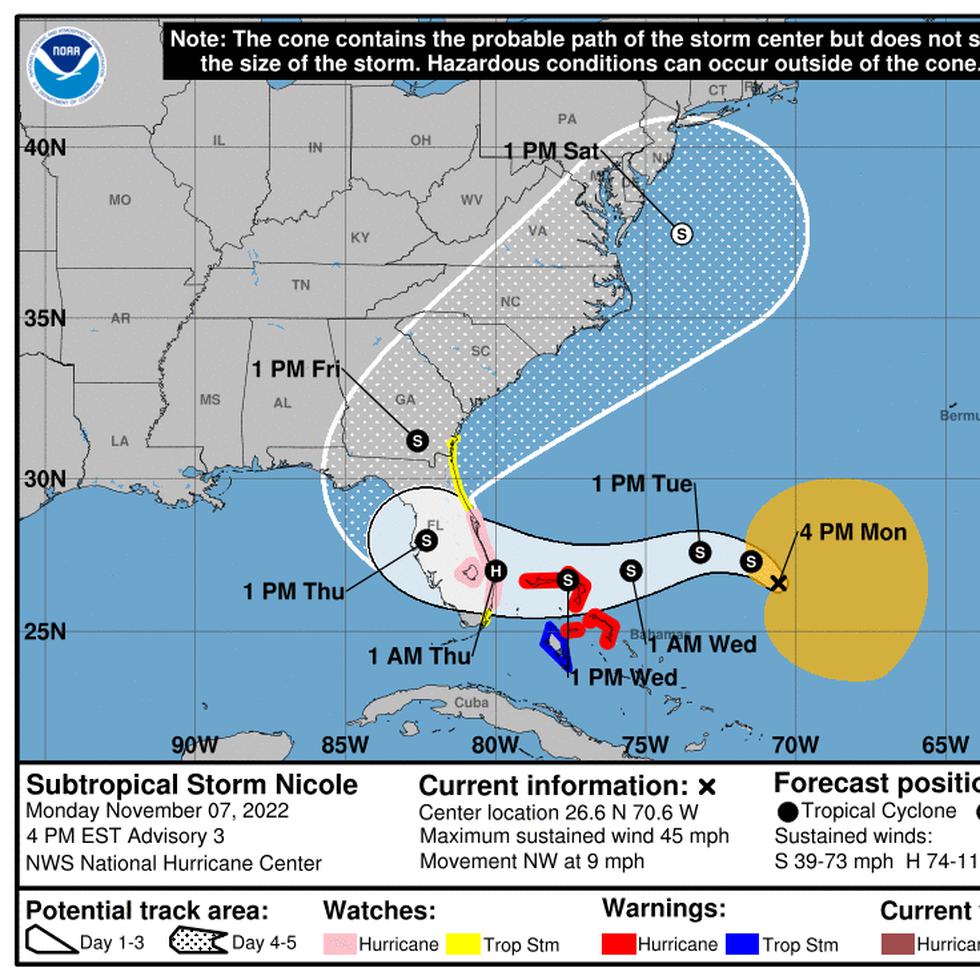 Trayectoria de la tormenta subtropical Nicole por la Florida.