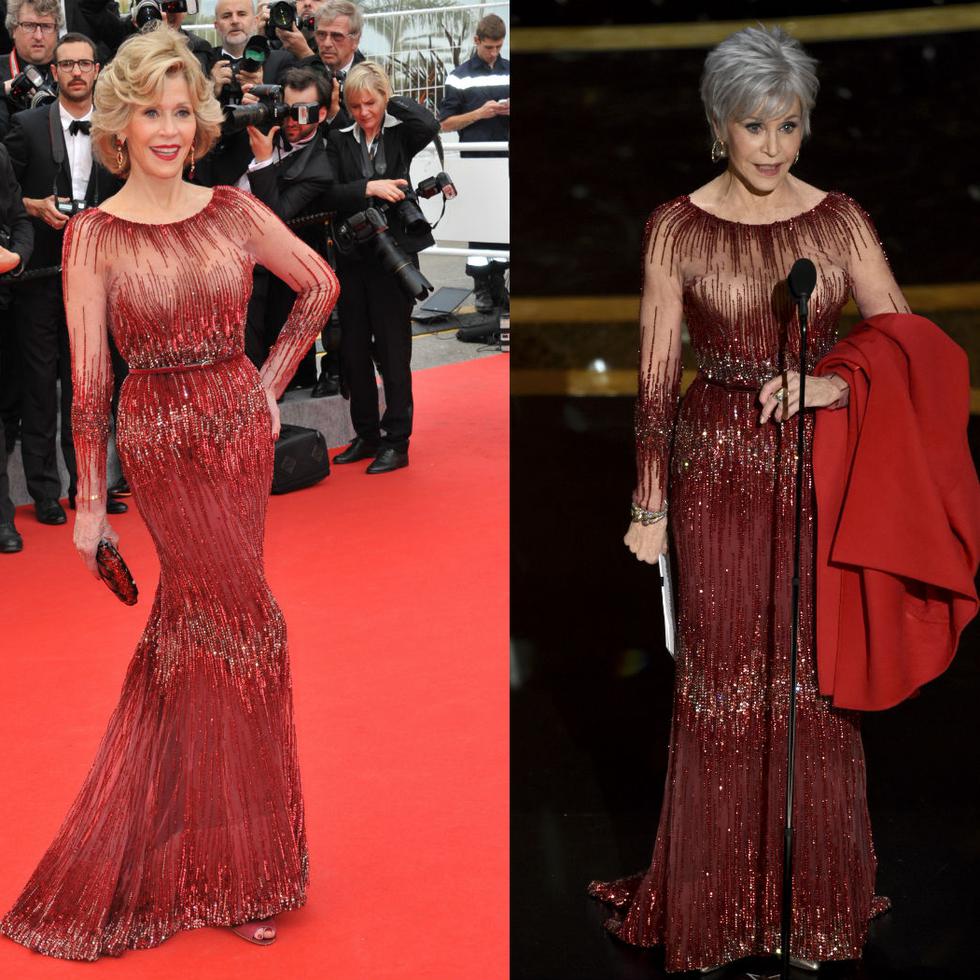 La actriz Jane Fonda lució el domingo en los premios Oscar (a la derecha) un vestido de Elie Saab que anteriormente lució en la alfombra roja del Festival de Cine Cannes en el 2014 (izquierda). (AP)
