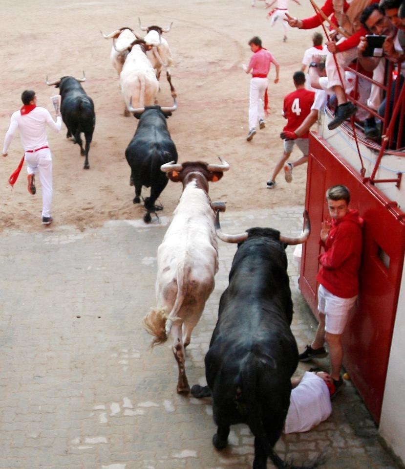 Los toros de la ganadería de Jandilla entran en la Plaza de Toros de Pamplona durante el cuarto encierro de los Sanfermines 2019. (EFE)