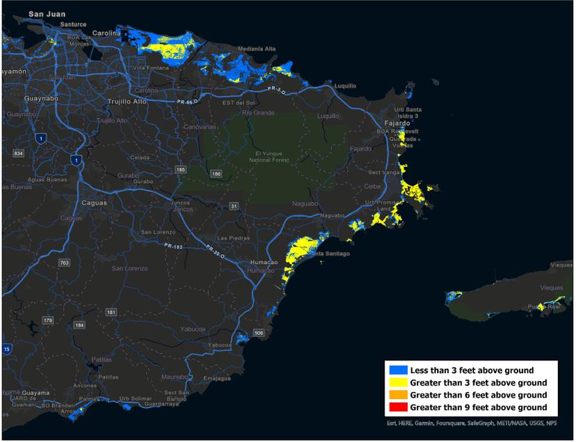 Mapa conceptual de cómo lucirán las imágenes de visualización de inundaciones de marejadas ciclónicas cuando se emita una vigilancia o aviso de un ciclón tropical para Puerto Rico.