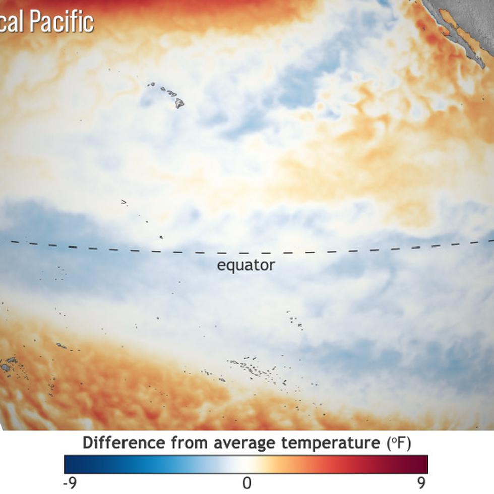 Diferencia de la temperatura en el océano Pacífico, donde se desarrolla el fenómeno La Niña, basado en un período que comprende desde el 1985-1993.