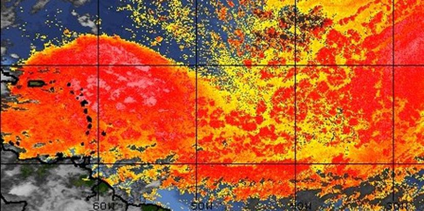 Imagen del Saharan Air Layer en el que se observa en rojo la gran concentración de polvo del Sahara que llega al Caribe. (Captura / tropic.ssec.wisc.edu)