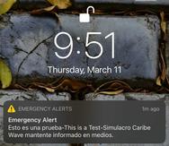 Imagen de archivo de la alerta a celulares emitida durante el Caribe Wave 2021.