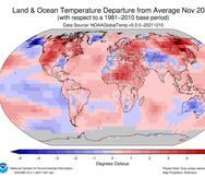 Mapa que muestra por colores la diferencia de la temperatura promedio durante noviembre de 2021 en comparación con el récord climatológico.