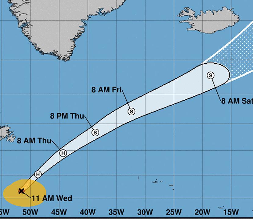 Vista del cono de incertidumbre de la trayectoria del huracán Oscar. (NHC)