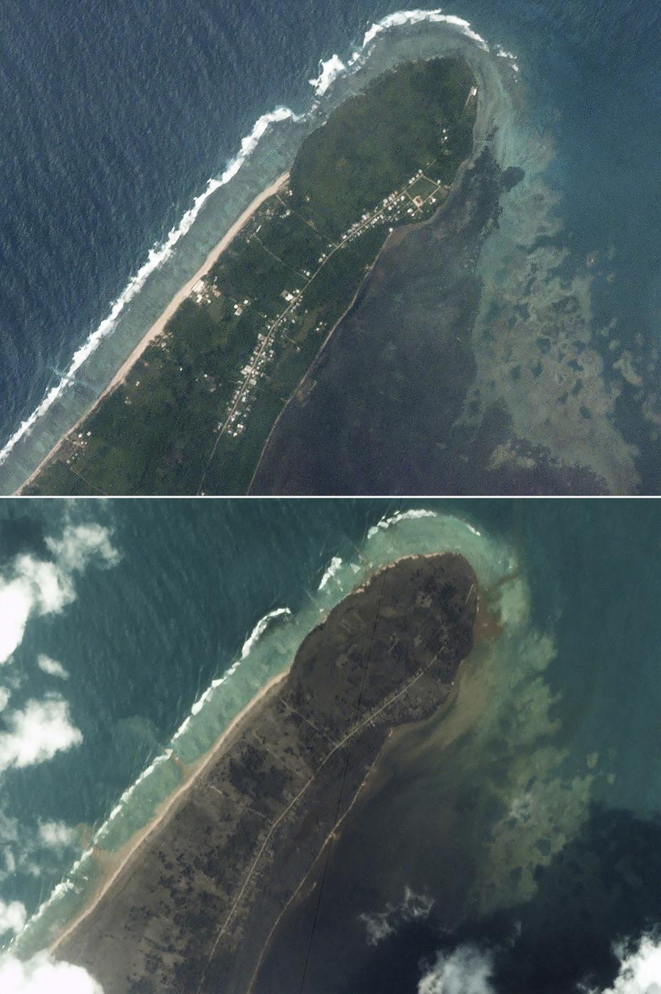 Esta imagen satelital proporcionada por Planet Labs PBC muestra Kanokupolu en Tongatapu, Tonga, el 14 de enero de 2022, arriba, y el 16 de enero de 2022 después de la erupción del 15 de enero.