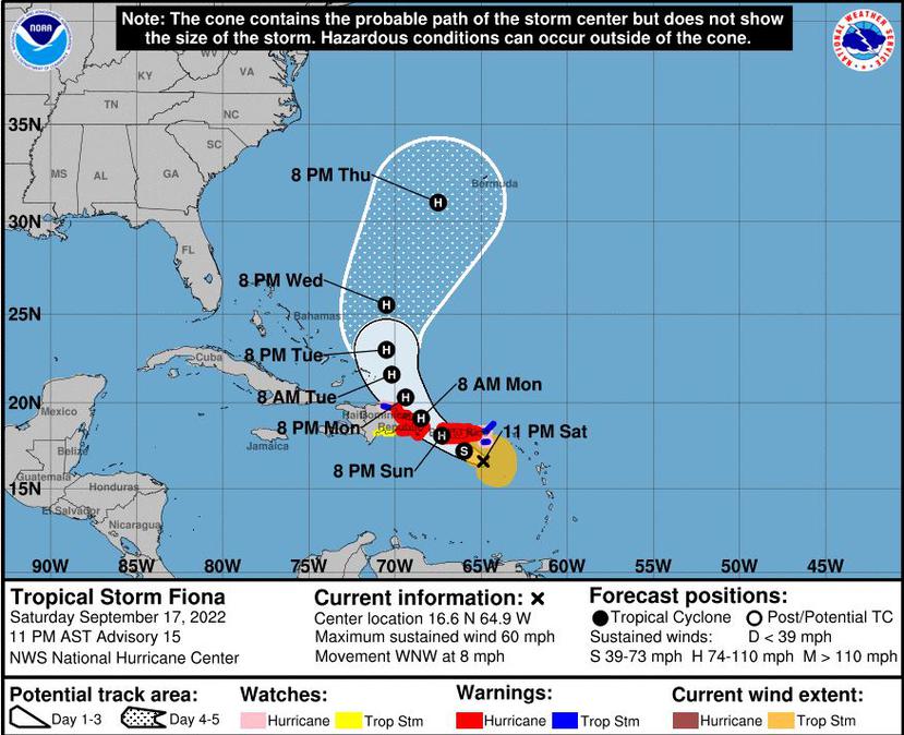 Trayectoria proyectada de la tormenta tropical Fiona al acercarse a la costa sureste de Puerto Rico.