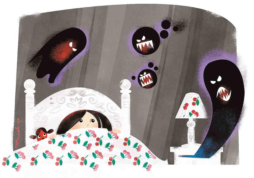 Estudios muestran que uno de cada tres menores le teme a la falta de luz cuando tiene que dormir. (Ilustración Mrinali Álvarez)
