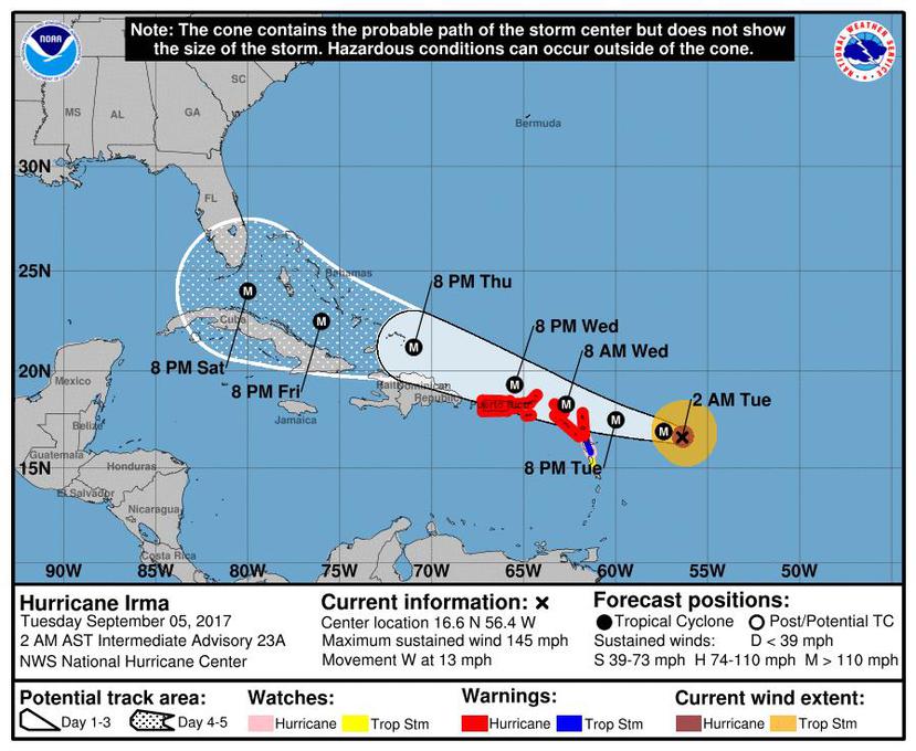 El huracán Irma debe seguir en dirección oeste hasta tarde el martes, para luego dar un giro al oeste noroeste en ese mismo día. (NOAA)