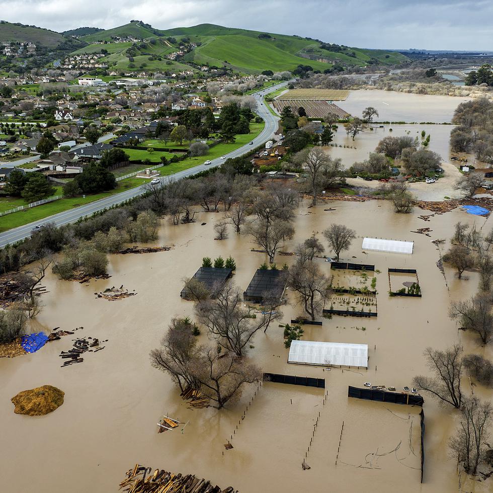 Aguas de una inundación cubren una propiedad en River Rd. en el condado Monterey, California, el viernes 13 de enero de 2023. (AP Foto/Noah Berger)