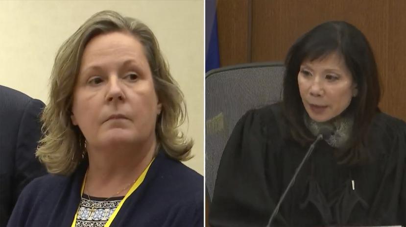 La expolicía del Brooklyn Center Kim Potter (izquierda) escucha mientras la jueza del condado de Hennepin, Regina Chu, lee el veredicto en su juicio.