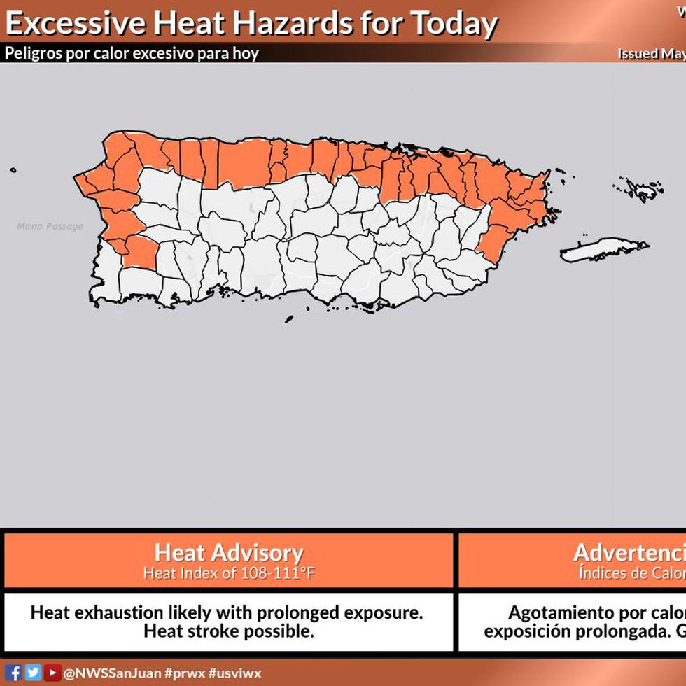 El Servicio Nacional de Meteorología emitió una advertencia de calor desde las 10:00 a.m. hasta las 5:00 p.m. para los municipios costeros del oeste, norte y este de Puerto Rico.