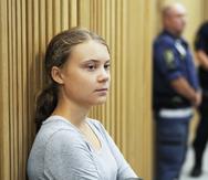 La activista climática Greta Thunberg en el tribunal en Malmo, Suecia, el 24 de julio de 2023. (AP foto/Pavel Golovkin)
