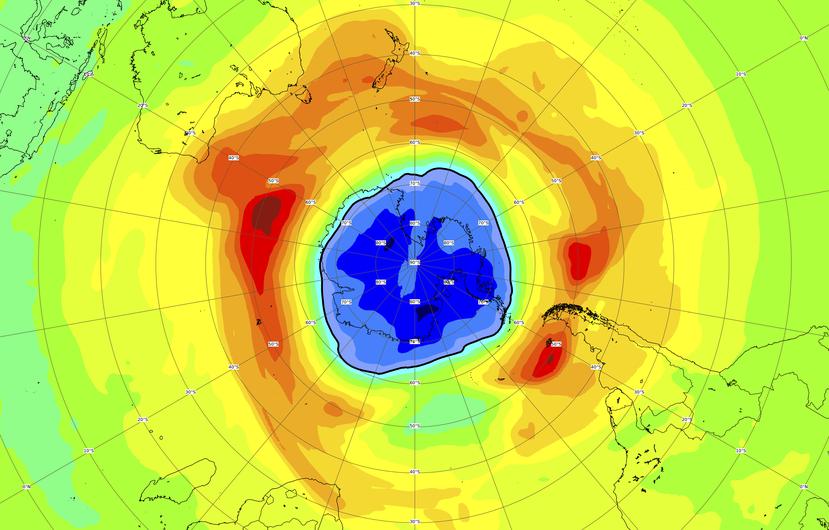 Imagen proporcionada por la Agencia Espacial Europea de un mapa del agujero de ozono sobre el Polo Sur el 16 de septiembre de 2021.