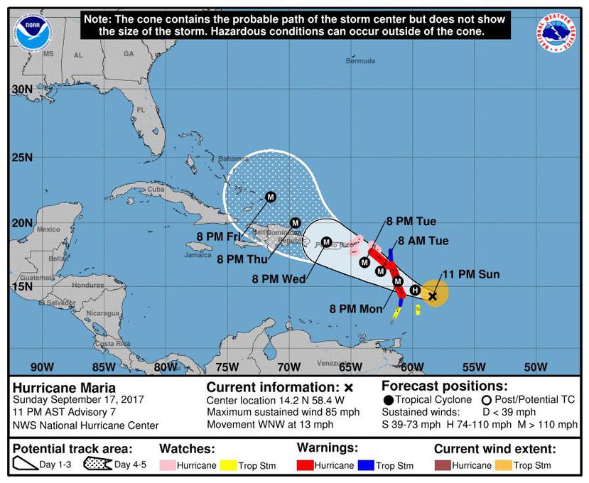 Se espera que María produzca acumulaciones de lluvia de 6 a 12 pulgadas con cantidades máximas aisladas de 20 pulgadas a través de las Islas de Sotavento, Puerto Rico, Islas Vírgenes estadounidenses y Británicas, hasta el miércoles. (NOAA)