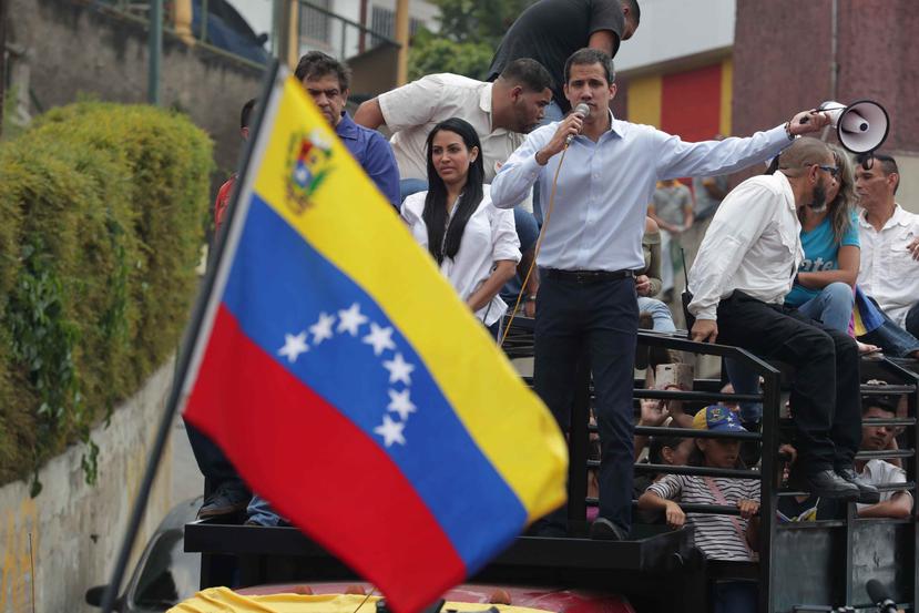 Juan Guaidó pronunció un discurso este sábado, en Carrizal, estado de Miranda. (EFE/ Rayner Peña)