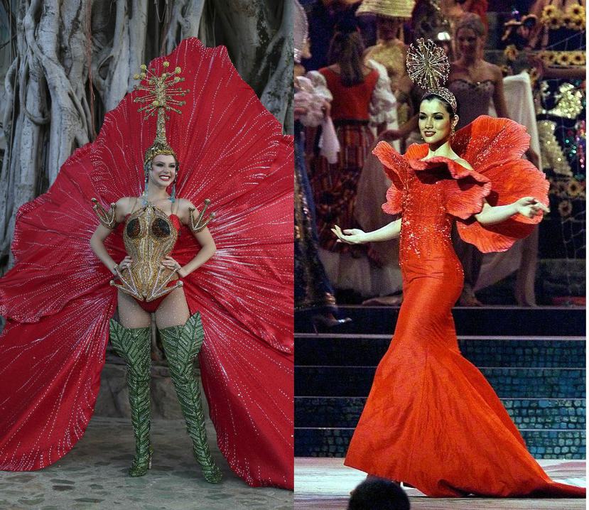 Dos versiones de trajes típicos en los que la flor de maga fue la inspiración. A la izquierda, Madison Anderson Berríos y a la derecha, Zoribel Fonalledas. (GFR Media y Suministrada/ Puerto Rican Fashion History Council)