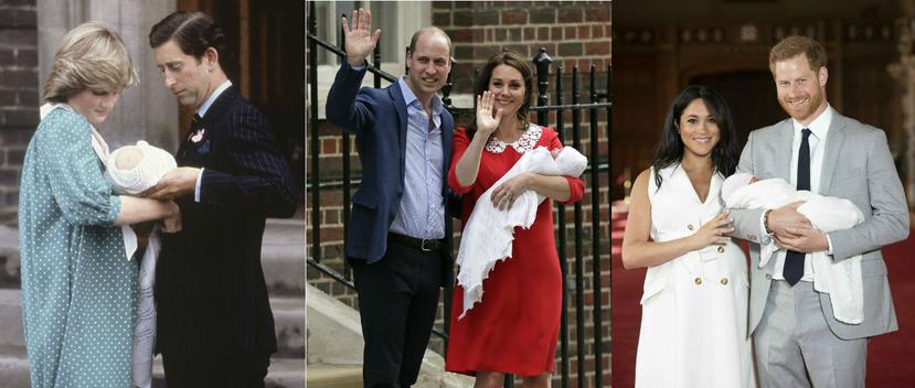 A la izquierda, los príncipes de Gales con William en brazos. Al centro, Los duques de Cabridge a su salida del hospital luego del nacimiento de Louis. A la derecha, los duques de Sussex presentando a su recién nacido, Archie. (Fotos: AP)