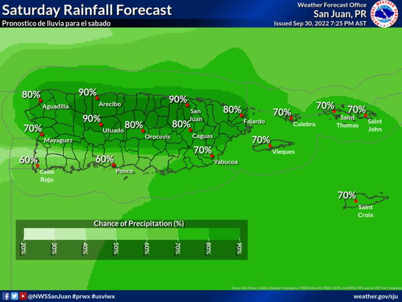 Mapa que muestra los porcentajes en probabilidad de lluvia para este sábado.