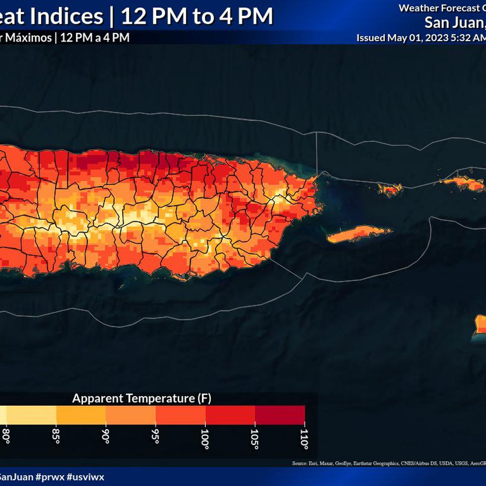 Los índices de calor para el 1 de mayo fluctuarán entre los 100 a 108 grados alrededor de la isla, concentrándose más fuertemente en municipios del norte y el interior.