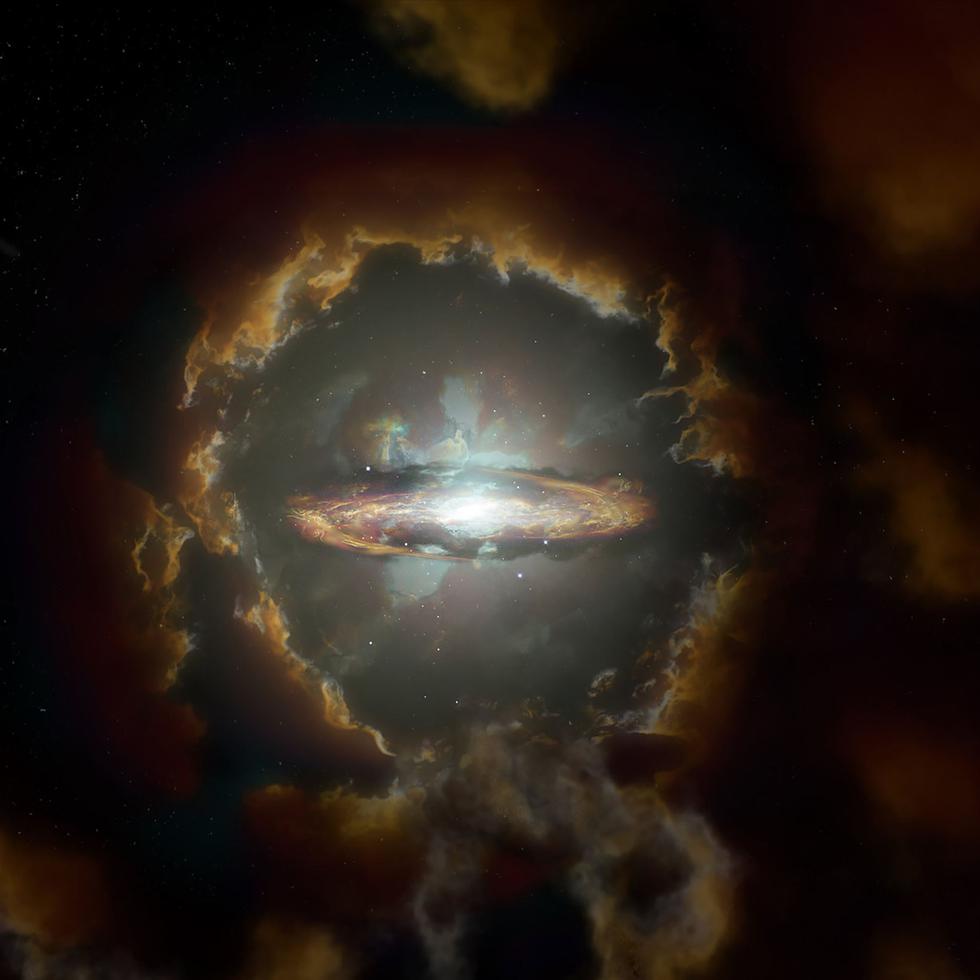 Imagen artística de una galaxia gigante de disco giratorio de gas, que reta la teoría de que galaxias así podían alcanzar un tamaño tan grande tan temprano.