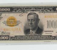 Lado frontal del raro billete de $100,000, con la imagen de Woodrow Wilson, emitido entre 1934 y 1935.