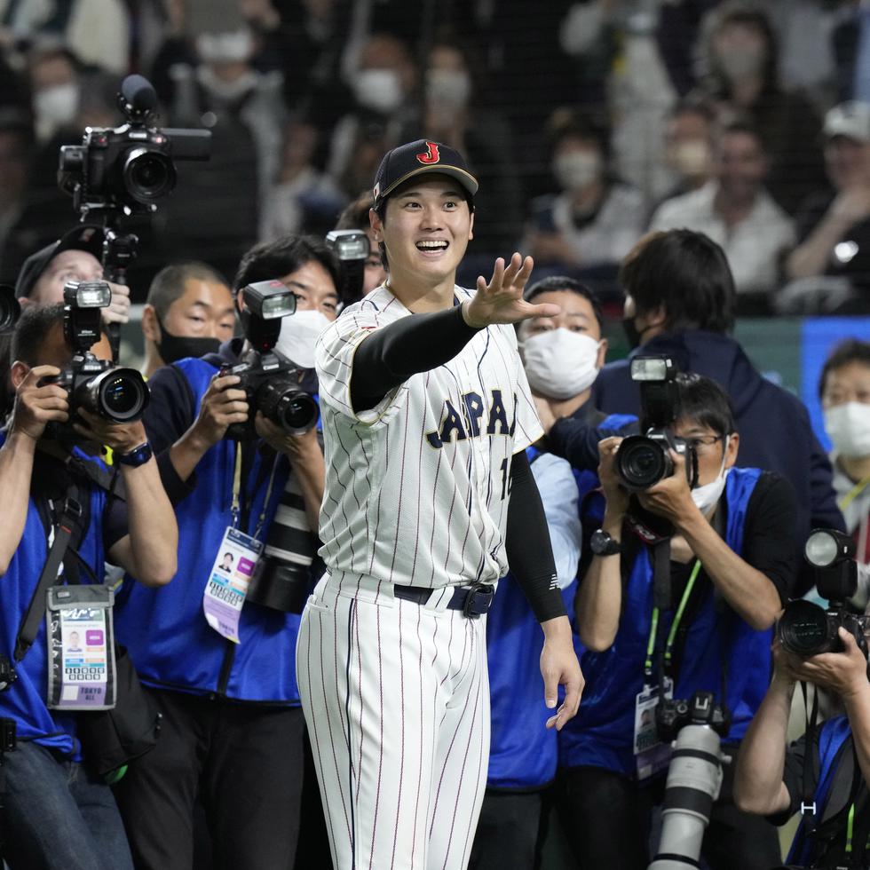 Shohei Ohtani of Japan gestures after finishing the quarterfinal game between Italy and Japan at the World Baseball Classic (WBC) at Tokyo Dome in Tokyo, Japan, Thursday, March 16, 2023. (AP Photo/Eugene Hoshiko)