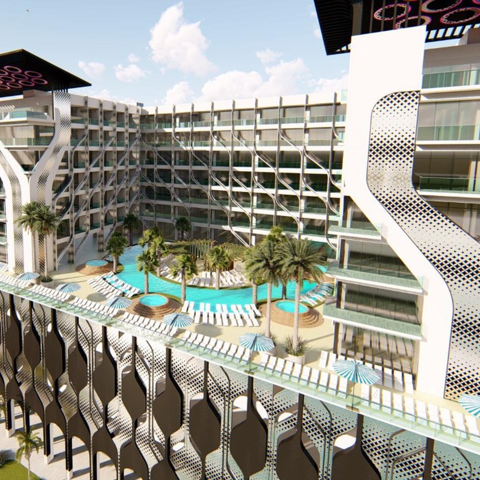 El hotel de 12 niveles consta de cuatro torres divididas por piscinas.