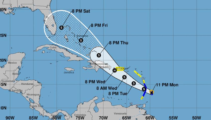 La proyección más reciente del Centro Nacional de Huracanes coloca a la tormenta tropical Dorian pasando más cerca de la costa sur de Puerto Rico. (Captura / Centro Nacional de Huracanes)