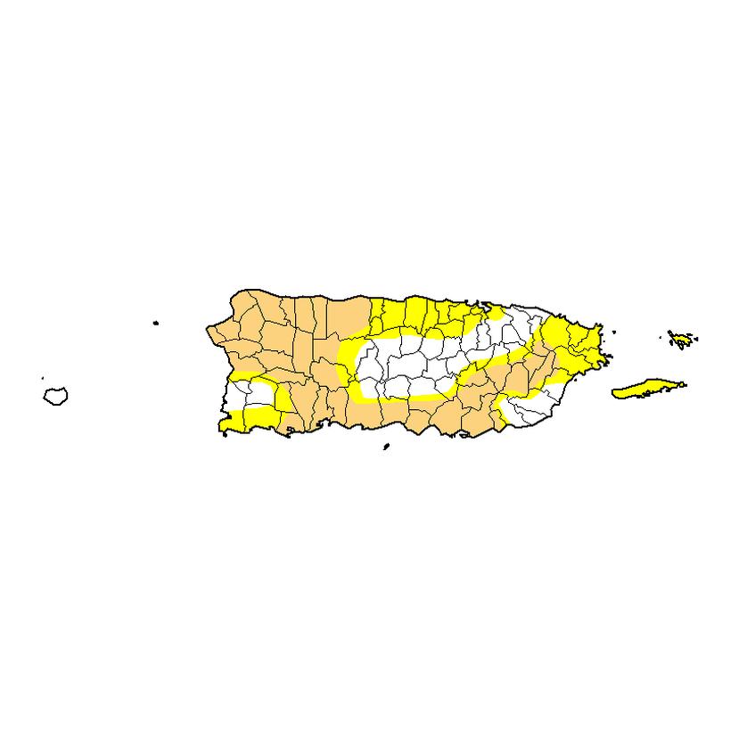 Mapa que muestra la distribución de áreas con condiciones de sequía en Puerto Rico, según el informe del 4 de abril de 2023.