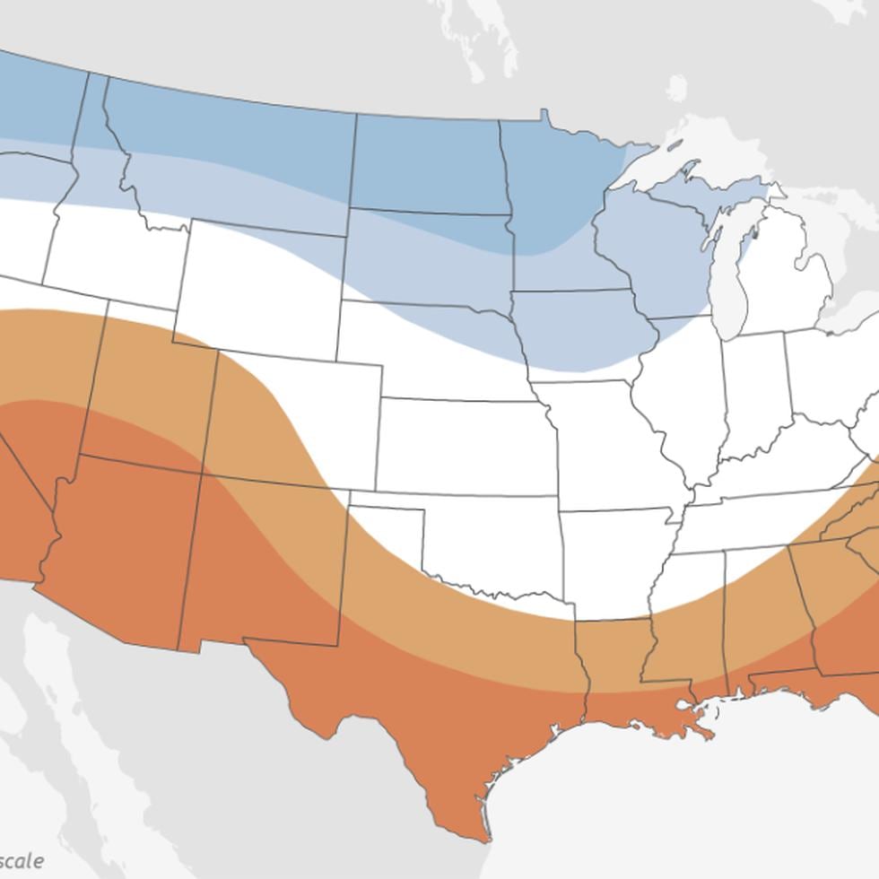 El mapa de proyección de temperaturas durante invierno que muestra qué partes de los Estados Unidos tienen mayores posibilidades de un invierno mucho más cálidas que el promedio (naranja y rojo) o un invierno mucho más frío que el promedio (azul).