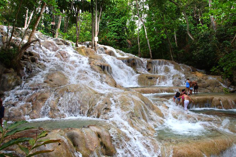 La catarata tropical Dunn' s River Falls, en Jamaica, tiene aguas fres-cas que descienden de una colina por una “escalinata” natural de 600 pies de largo.