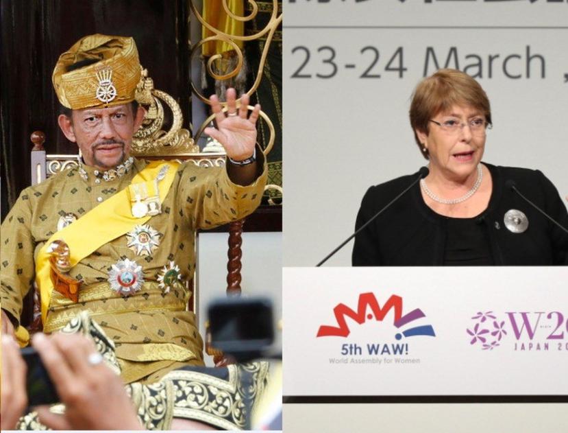 El sultán Hassanal Bolkiah y la alta comisionada de la ONU para los derechos humanos, Michelle Bachelet. (EFE)