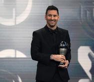 Argentina's Lionel Messi receives the Best FIFA Men's player award during the ceremony of the Best FIFA Football Awards in Paris, France, Monday, Feb. 27, 2023. (AP Photo/Michel Euler)