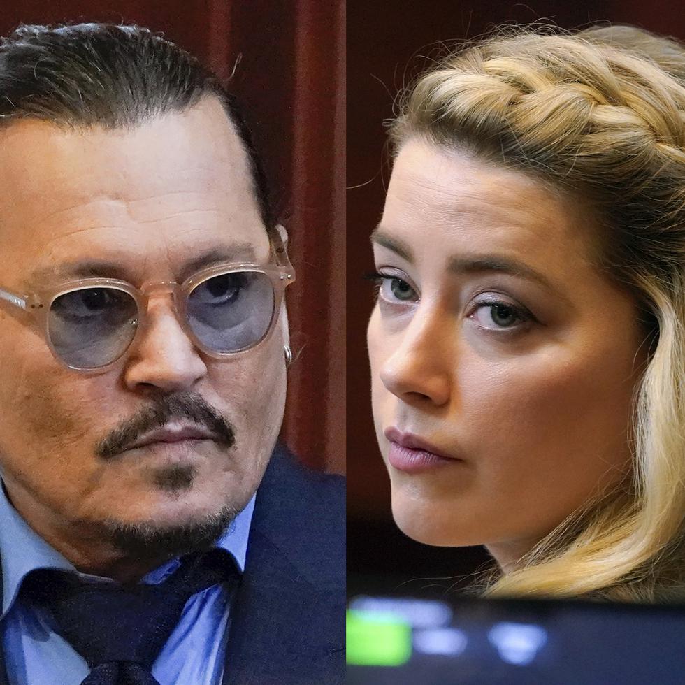 En esta combinación de fotos, el actor Johnny Depp, izquierda, y Amber Heard durante la presentación de argumentos finales del juicio de la demanda por difamación en la Corte de Circuito del Condado de Fairfax, en Virginia.