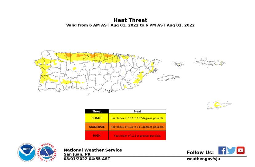 Las áreas en color amarillo y anaranjado experimentarán altos índices de calor. (Servicio Nacional de Meteorología)