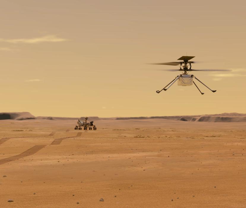 Una ilustración que muestra al helicóptero Ingenuity durante un vuelo de prueba frente al rover Perseverance (al fondo) en Marte.