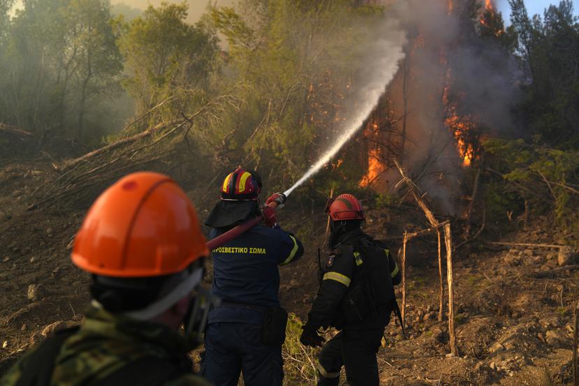Los bomberos intentan extinguir un incendio en la aldea de Siderina a unas 34 millas al sur de Atenas, Grecia.