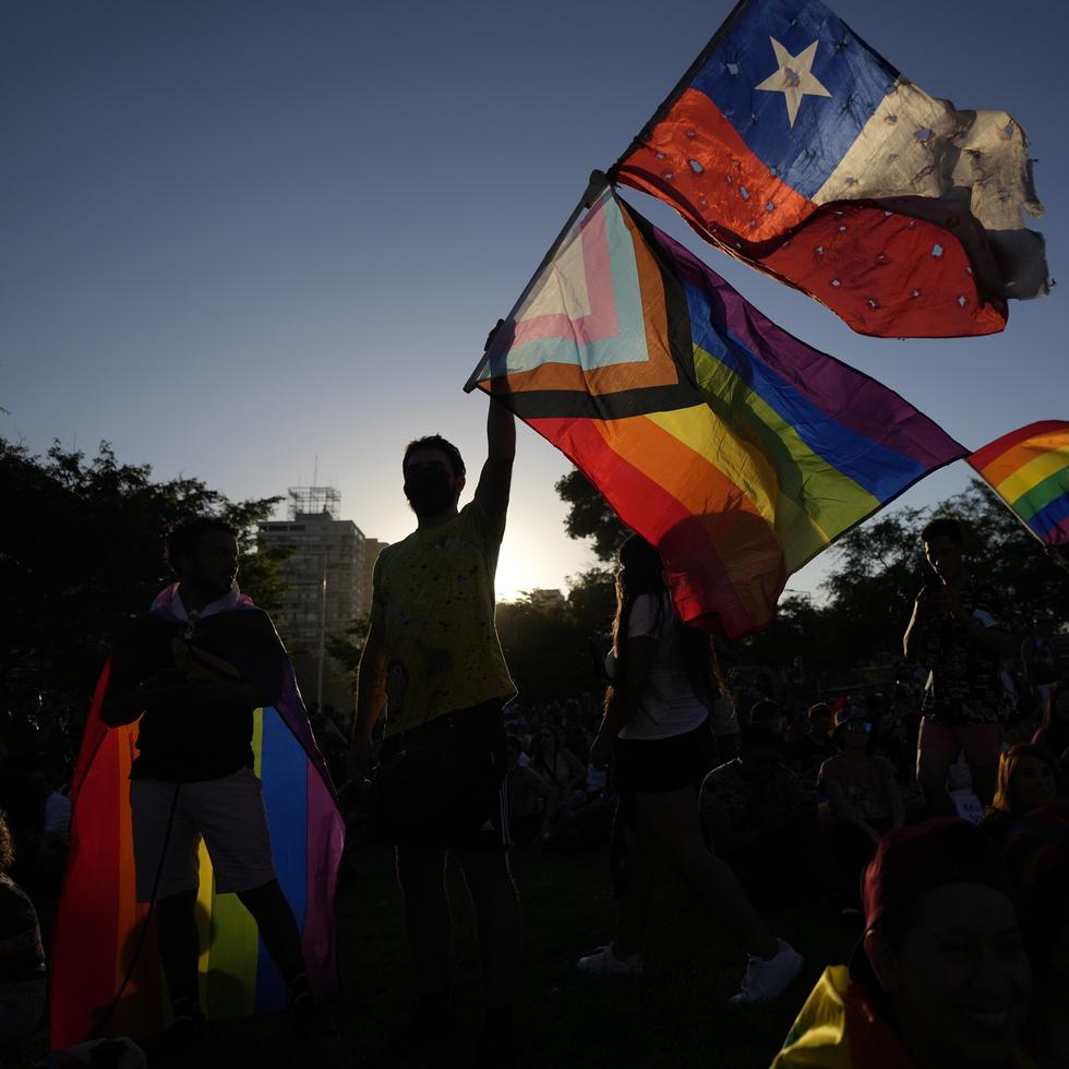 Miembros del Movimiento por la Integración y Liberación Homosexual celebran después de que los legisladores aprobaran una ley que legaliza el matrimonio y la adopción por parejas del mismo sexo, en Santiago, Chile.