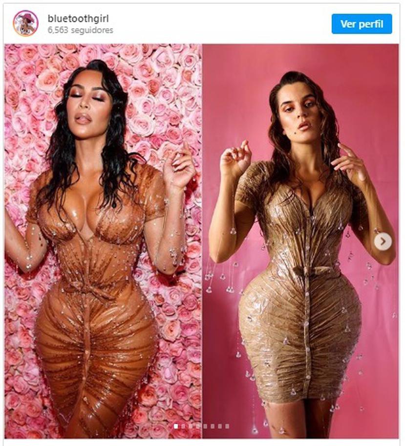 Durante las semanas de confinamiento, Laura Ro creó una copia del vestido utilizado por Kim Kardashian en la pasada Met Gala. (Foto: EFE/ Captura de Instagram)