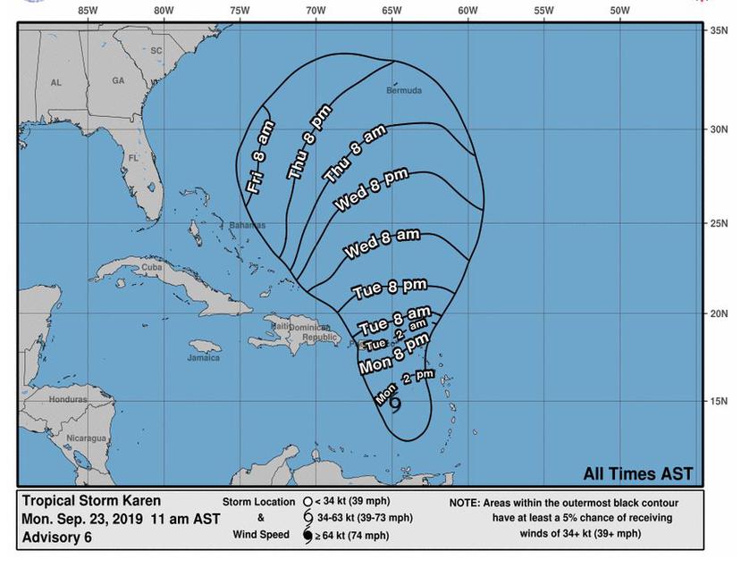 Hora aproximadas en las que se sentirían los vientos de tormenta tropical que se mantienen en 40 millas por hora, según el Centro Nacional de Huracanes. (NOAA)