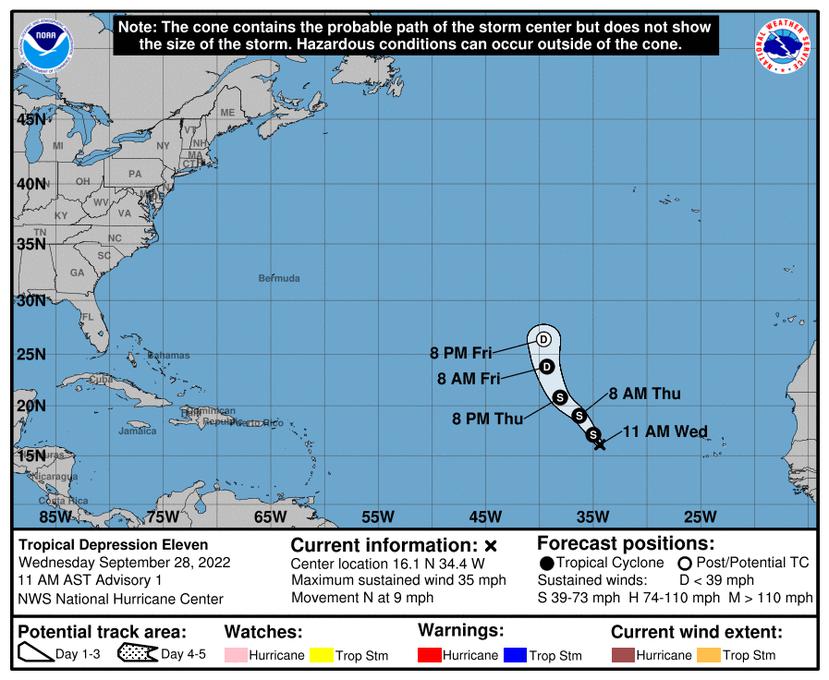 Trayectoria oficial pronosticada para la depresión tropical 11, según el boletín del Centro Nacional de Huracanes emitido a las 11:00 a.m. del 28 de septiembre de 2022.