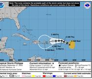 Trayectoria pronosticada para la tormenta tropical Philippe, según el boletín de las 5:00 a.m. del 27 de septiembre de 2023.