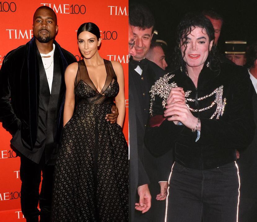 A la izquierda, Kanye West y Kim Kardashian. A la derecha, MIchael Jackson vistiendo el jacket que la pareja le compró a su hija North. (EFE y Shutterstock.com)