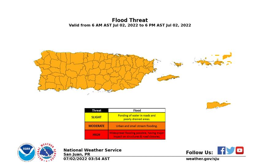 Map showing moderate risk of urban and small stream flooding in orange.