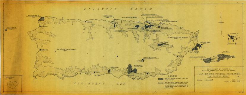 Mapa preparado por la Junta de Planificación, Urbanización y Zonificación del Gobierno de Puerto Rico en el cual se muestran las propiedades federales en el país para diciembre de 1947, dos año después de finalizar la guerra.