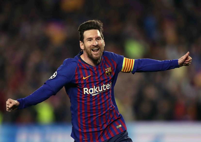 Lionel Messi del Barcelona tras anotar el segundo gol durante el partido ante Manchester United por los cuartos de final de la Liga de Campeones. (AP)