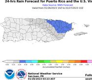 Estimados de acumulación de lluvia para las próximas 24 horas en Puerto Rico tras el pronóstico actualizado a las 6:00 a.m. del 26 de enero de 2023.