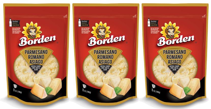 La mezcla de los quesos romano, asiago y parmesano en el Natural Shaved Three Cheese Blend de Borden, resaltan de forma singular el sabor de las recetas.